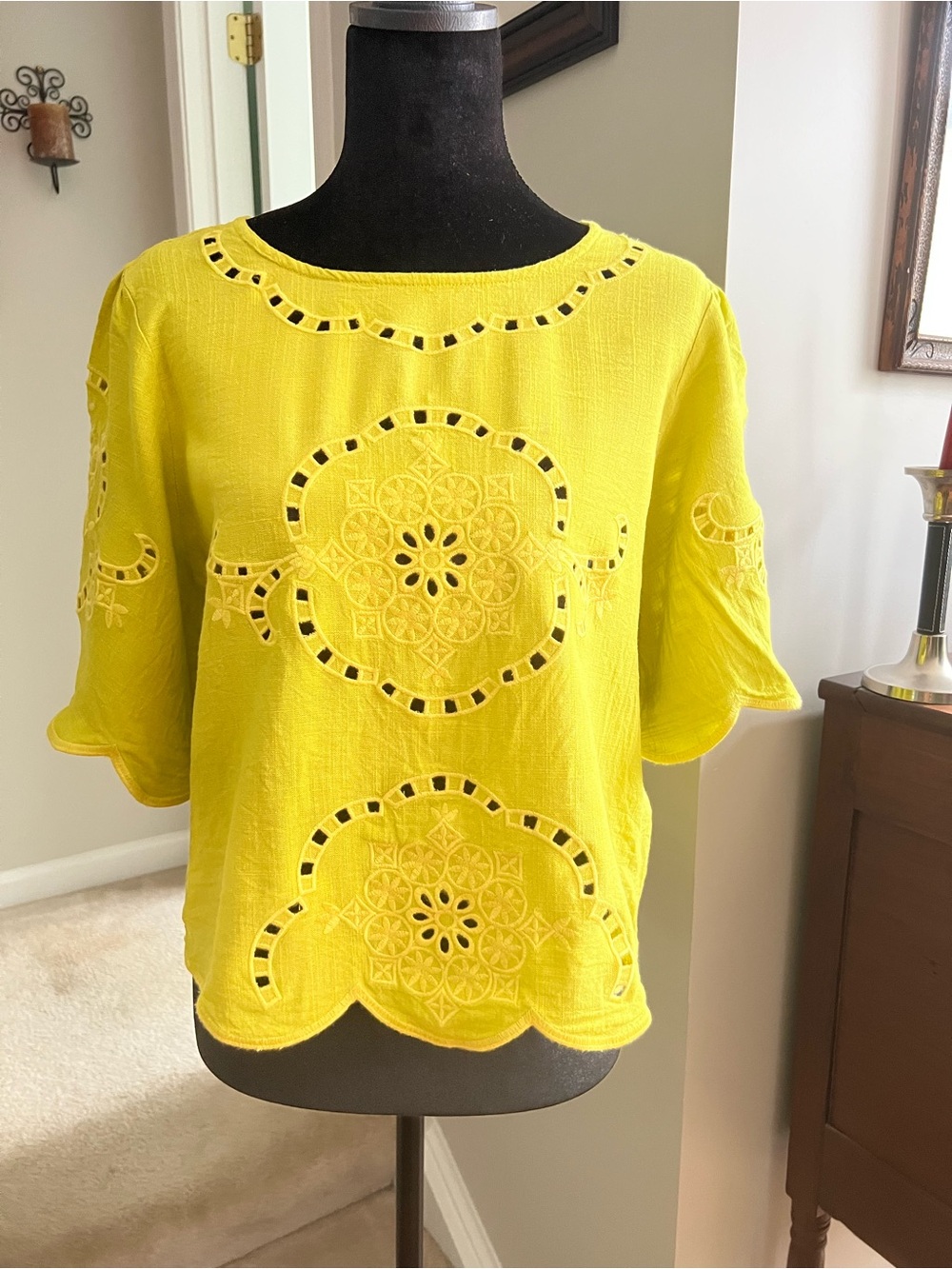 Calligraphie for Anthropologie Eyelet Embroidered Blouse Yellow Women's S